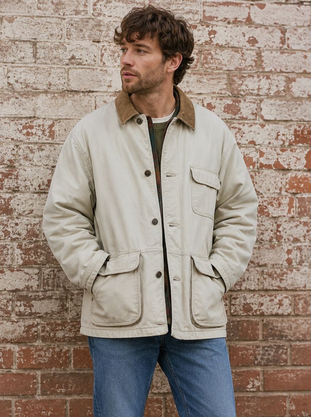 Eddie Bauer VTG Grunge SZ L Cotton Tan Chore Jacket Corduroy Collar Plaid Liner